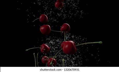 3D rendering of cherries falling on black with splash as background. 