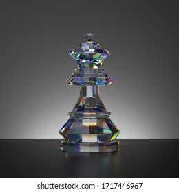 3d rendering, chess game, isolated crystal queen piece, glass object, abstract modern minimal design