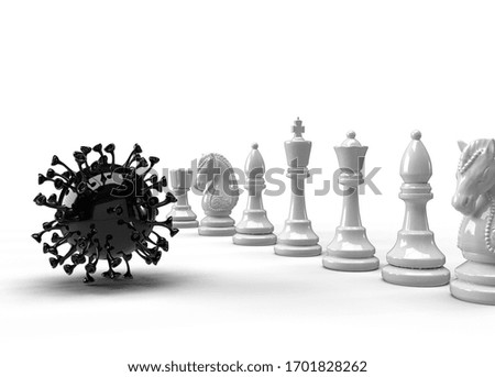 3d rendering of chess pieces against 3d coronavirus covid19 representing the fight against the pandemics