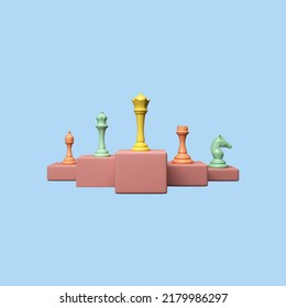 3D Rendering Chess Pieces Over Various Podium On Blue Background.