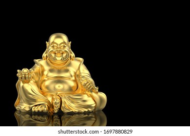 3d rendering. Chinese golden happy smiling monk buddha statue with clipping path isolated on black background.