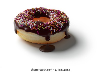 3D rendering of a chocolate donut with dripping chocolate coating or icing, colorful sugar sprinkles on top isolated on white. - Powered by Shutterstock