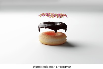 3D rendering.  Chocolate donut with chocolate icing and sugar sprinkles floating . Exploded view. Concept image for seeing in components, layers or stacking elements.  