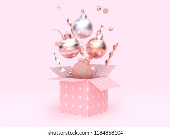 3d rendering christmas ball floating gift box opening pink background