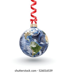 3D rendering Christmas ball in the form of planet Earth on a white background