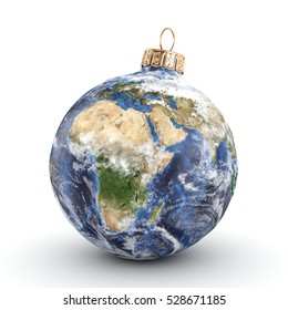 3D rendering Christmas ball in the form of planet Earth on a white background. Used NASA data.