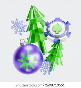 A 3D rendering of a Christmas concept featuring a casino chip and holiday ornaments.
