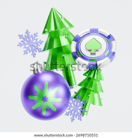 A 3D rendering of a Christmas concept featuring a casino chip and holiday ornaments.