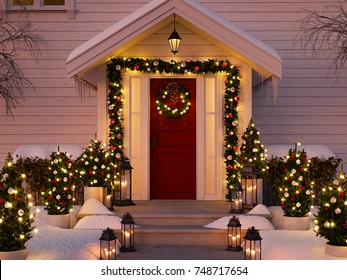 Holiday Decorated House Stock Illustrations Images Vectors