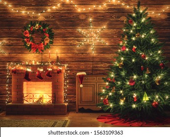 3D Rendering Christmas interior in night colors