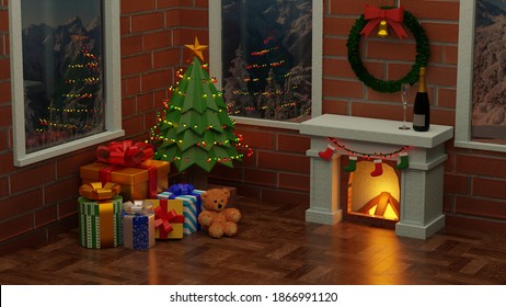 3D rendering christmas interior with Christmas tree, presents and fireplace in the house. 