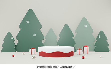 3D Rendering Christmas Product Display Stand With Cute Papercut Christmas Tree Background.