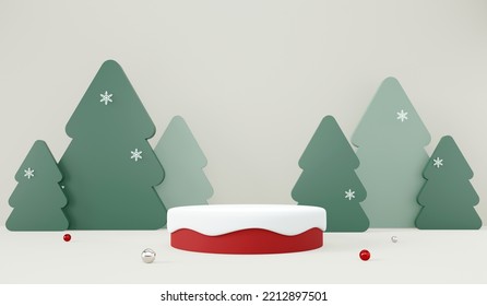 3D Rendering Christmas Product Display Stand With Cute Papercut Christmas Tree Background.