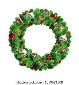 3d rendering, Christmas spruce wreath decorated with ornaments: red glass balls, golden stars and candy canes. Holiday clip art isolated on white background. Round frame with copy space - Powered by Shutterstock