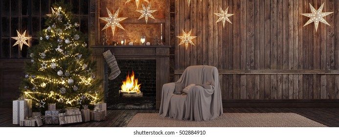 3d Rendering. Christmas Stocking On Fireplace Background