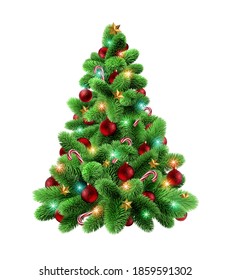 3d Rendering, Christmas Tree Decorated With Festive Ornaments. Evergreen Spruce Twigs, Seasonal Natural Clip Art Isolated On White Background. Digital Illustration