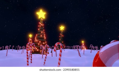 3d rendering of a Christmas trees, light decorations with yellow stars on top, standing in a snowy ground in the night background. The image evokes a sense of warmth, joy, and hope.