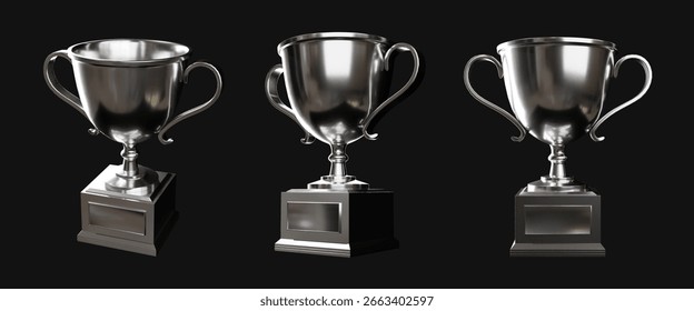 3D rendering of a chrome awards trophy cup, isolated on a black background.