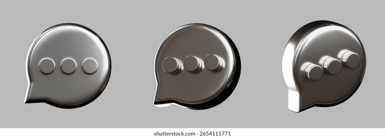 3D rendering of a chrome chat icon, isolated on a gray background.