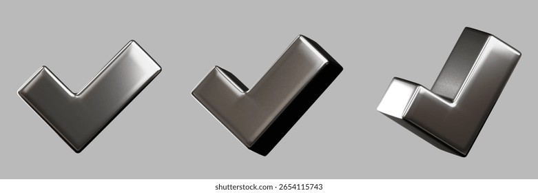 3D rendering of a chrome check icon, isolated on a gray background.