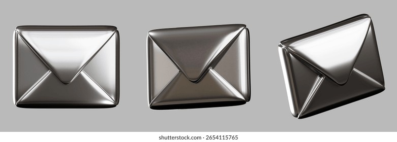 3D rendering of a chrome envelope icon, isolated on a gray background.