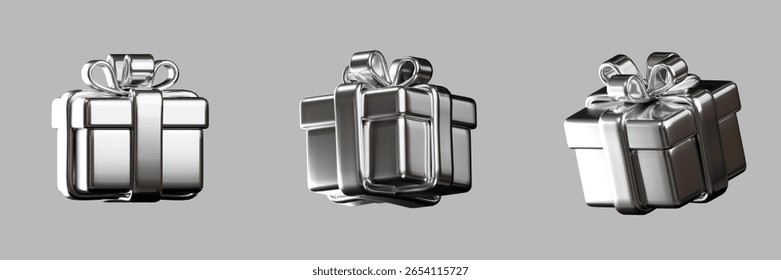3D rendering of a chrome present icon, isolated on a gray background.