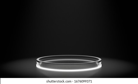 3D Rendering Of Circle Shape Glossy Glass Pedestal With Glowing Led Underneath. Simple Sleek Product Display Podium.