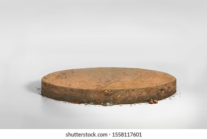 3D Rendering Circle Soil Ground Cross Section With Earth Land On White Background, 3D Round Cutaway Terrain Floor With Rock Isolated, 