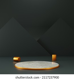 3d Rendering Cirlce Pedestal With Gold Accent And Black Triangle Background.