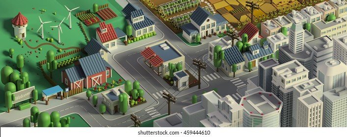 3d Rendering Of City Landscape.  Isometric Cartoon City Scape. Different Districts: Simple Rural Cottages, Fields, Houses And Stores, Downtown With Skyscrapers. Panoramic
