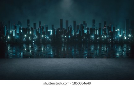 3D Rendering Of City Scape. Large Tall Buildings And Glowing Signs Reflection On River. View From Dock Port. For Business Product Advertising, Technology, Transport Background. 