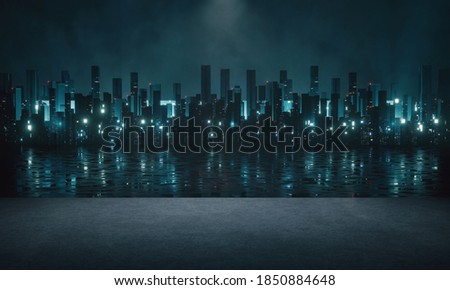 3D Rendering of city scape. Large tall buildings and glowing signs reflection on river. View from dock port. For business product advertising, technology, transport background. 