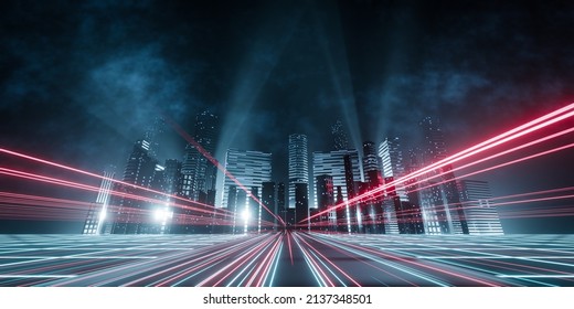 3d rendering cityscape with red and light blue light trail on road. Concept city, downtown district, town at night with bright neon light.