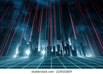 3d Rendering Cityscape With Red And Light Blue Light Trail On Sky. Concept Futuristic City, Downtown District, Town At Night With Bright Neon Light.