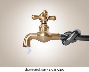 3d Rendering Of Classic Brass Faucet Sticking Out From A Blocked Pipe, Clipping Path Included