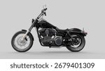 3D rendering of a classic  chopper cruiser motorcycle with chrome details and a powerful V-twin engine. The motorbike is displayed on a clean white background, highlighting its custom design, ret