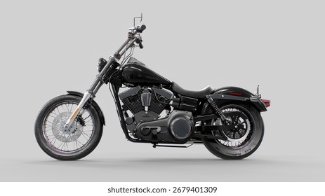 3D rendering of a classic  chopper cruiser motorcycle with chrome details and a powerful V-twin engine. The motorbike is displayed on a clean white background, highlighting its custom design, ret