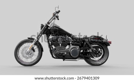 3D rendering of a classic  chopper cruiser motorcycle with chrome details and a powerful V-twin engine. The motorbike is displayed on a clean white background, highlighting its custom design, ret