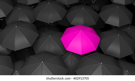 3D rendering of classic large black umbrellas tops with one pink standing out.