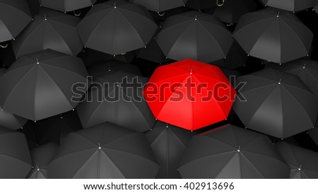 3D rendering of classic large black umbrellas tops with one red standing out.