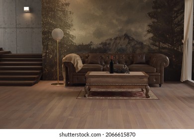 3d Rendering Of Classic Living Room With A Big Oil Painting With Mountain As A Central Motif