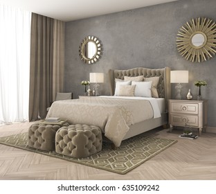 3d Rendering Classic Luxury Bedroom With Pouf And Mirror And Concrete Wall