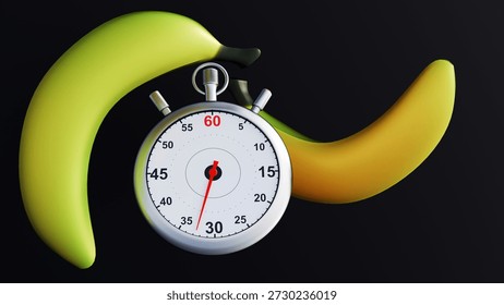 A 3d rendering of classic silver stopwatch and a curved yellow banana. Metaphorical representation of premature ejaculation, the feeling that time is running out too quickly.