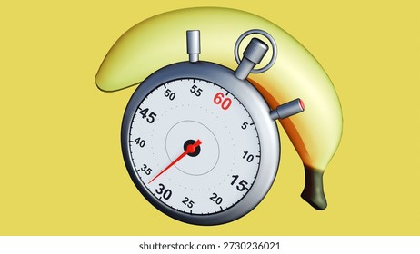 A 3d rendering of classic silver stopwatch and a curved yellow banana. Metaphorical representation of premature ejaculation, the feeling that time is running out too quickly.