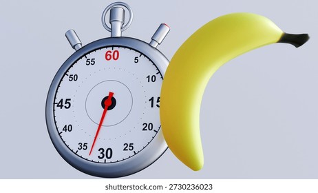 A 3d rendering of classic silver stopwatch and a curved yellow banana. Metaphorical representation of premature ejaculation, the feeling that time is running out too quickly.
