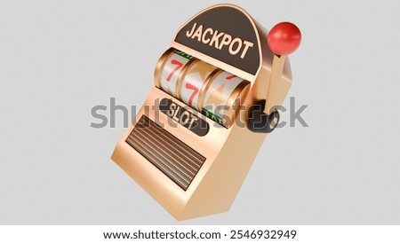 A 3d rendering of classic slot machine with three spinning reels displaying the winning combination of 7s.