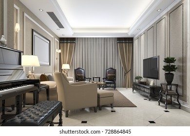 3d rendering classic warm living room with piano and armchair