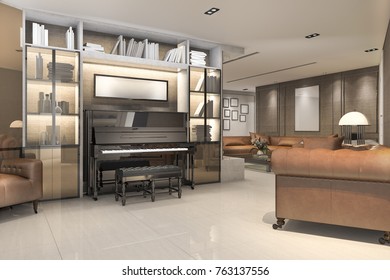 3d rendering classic warm living room with piano and armchair

