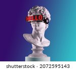 
3D rendering of classical head sculpture with VR visor headset displaying HELLO word in red LED lights. Isolated on blue gradient background.