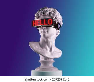 
3D rendering of classical head sculpture with VR visor headset displaying HELLO word in red LED lights. Isolated on blue gradient background.